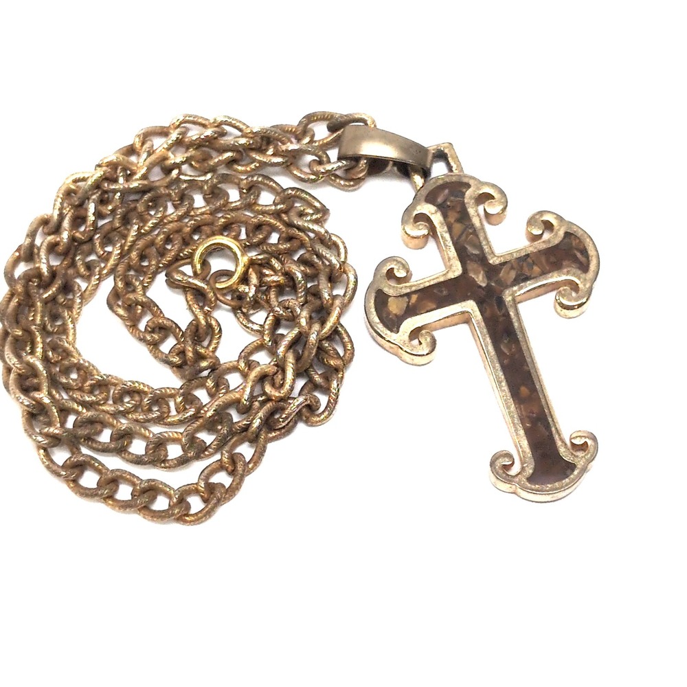 Vtg Gold Tone Ornate Cross Pendant Necklace Faux Tortoise Fleck Inlay 18" Chunky